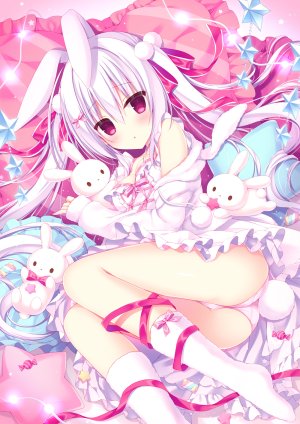 原创,hasune,兽耳,露肩,脸红,胸部,兔子,兔耳,cleavage,连衣裙,长发,视线正对,横臥,横乳,開いた口,胖次,紫发,红色眼,缎带,single,双马尾,下着,白发,白丝