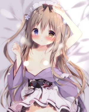 原创,しらたま,前发,碧眼,脸红,露胸,棕色眼,茶发,censored,发饰,和服,长袖,视线正对,横臥,オビ,短裙,貧乳,single