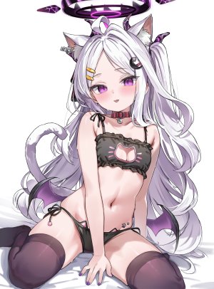 nekoyaminamo,空崎日奈,蔚蓝档案,兽耳,bra,恶魔,光晕,萝莉,猫耳,胖次,tattoo,丝袜,翅膀