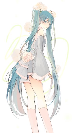 初音ミク,VOCALOID,Lpip,前发,露肩,碧眼,青发,连衣裙,发饰,kneehighs,长发,长袖,视线正对,回头看,rose,single,双马尾