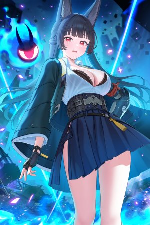 绿茶の袋子,绝区零,星見雅,兽耳,脸红,前发,黑发,裸足,短裙,武器,蕾丝内衣,bra