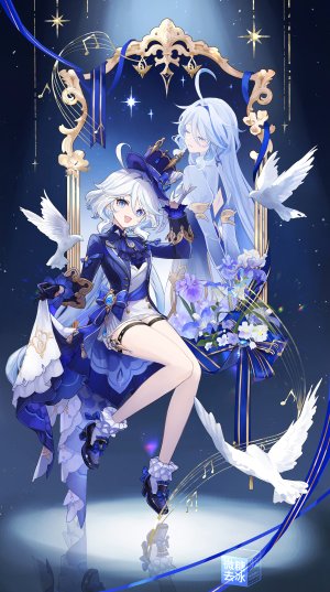 フォカロルス,芙宁娜,原神,issign,碧眼,青发,全身,手套,长发,长袖,開口,笑顔,超长发,白发