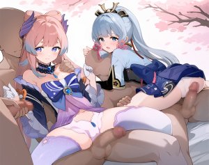 神里綾華,珊瑚宮心海,原神,effect488,AI生成图,碧眼,青发,直刘海,披肩,censored,樱花,骑乘位,连衣裙,手套,长发,露脐,nude,胖次,粉发,马尾辫,紫色眼,缎带,骑乘,下着