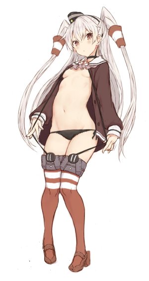 艦隊これくしょん,goekawa,脸红,胸部,棕色眼,连衣裙,全身,长发,露脐,胖次,银发,貧乳,single,黑丝,下着,白背景