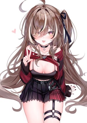 七詩ムメイ,Hololive,hololive_english,shouu-kun,黑发,脸红,breasts,茶发,项圈,cleavage,长袖,视线正对,项链,開口,缎带,衬衫,坐姿,single,针织衫,爆衣,Vtuber,白背景,白发