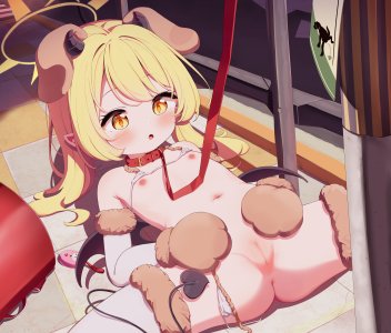 setmen,蔚蓝档案,丹花伊吹,萝莉,贫乳,发饰,犬耳,张腿,脸红,长发