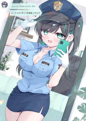 原创,緑風マルト,黑发,脸红,breasts,cleavage,Cosplay,手套,绿色眼,绿发,holding,视线正对,開口,衬衫,短裙,single