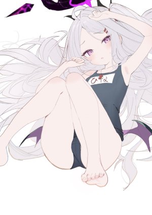 ksi_47,日奈,空崎ヒナ,蔚蓝档案,呆毛,breasts,恶魔娘,光晕,萝莉,长发,横臥,紫色眼,死库水,泳装,白背景,白发,翅膀