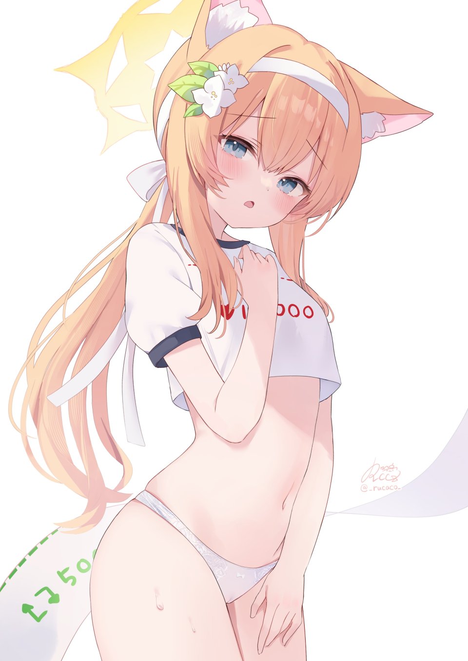 rucaco,伊落玛丽,蔚蓝档案,兽耳,碧眼,脸红,猫耳,发饰,光晕,长发,视线正对,露脐,開口,胖次,衬衫,single,下着,白背景