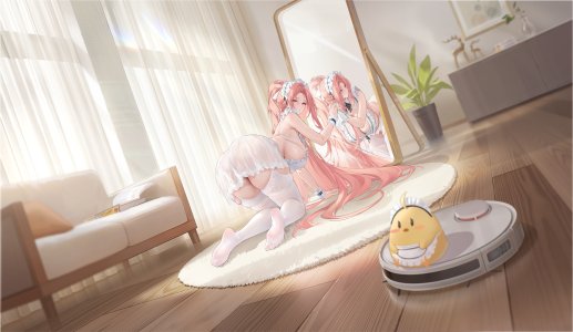 碧蓝航线,Manjuu,レキシントン,lexington_ii,single,视线正对,breasts,粉发,超长发,女仆,少女,丝袜,制服,白丝