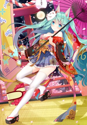 jyt,初音ミク,VOCALOID,兽耳,cleavage,和服,黑丝,雨伞