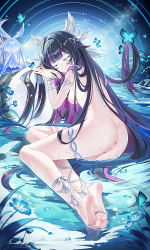 原神,コロンビーナ,jndfh,single,長身像,前发,highres,breasts,黑发,全身,nipples,直刘海,超长发,猫咪,nude,uncensored,erect_nipples,sleeping,少女,翅膀,蝴蝶,仮面