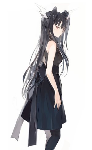 原创,Lpip,前发,露肩,黑发,黑丝,脸红,胸部,棕色眼,连衣裙,长发,视线正对,貧乳,single,白背景,翅膀
