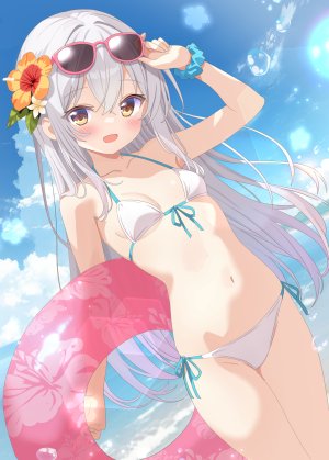 原创,aruka,水着,脸红,breasts,灰发,发饰,长发,视线正对,露脐,開口,天空,笑顔,single,泳装,黄色眼