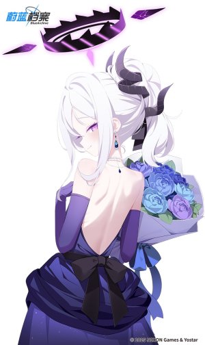 空崎ヒナ,蔚蓝档案,deyui,花束,恶魔娘,连衣裙,長手袋,手套,光晕,holding,长发,视线正对,紫色眼,缎带,rose,single,白背景,白发