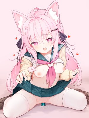 teranekosu,原创,呆毛,兽耳,bottomless,censored,狐娘,发饰,视线正对,自慰,開口,粉发,猫咪,妹汁,缎带,衬衫,坐姿,短裙,掀裙,笑顔,single,张腿,丝袜,白丝