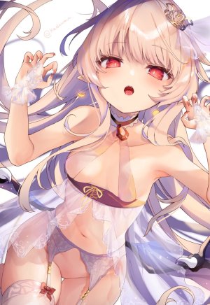 原创,玉之けだま,露肩,胸部,茶发,项圈,皇冠,吊带袜,长发,视线正对,開いた口,尖耳,红色眼,貧乳,single,黑丝,白丝,翅膀