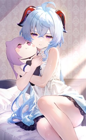 甘雨,刻晴,原神,みはす,呆毛,青发,连衣裙,长发,视线正对,坐姿,single