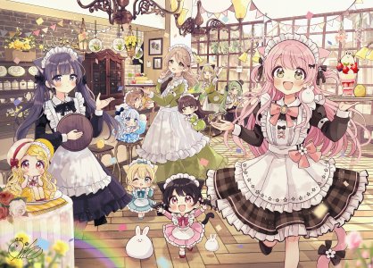 佐倉おりこ,原创,チビ,围裙,连衣裙,发饰,长袖,女仆,结发,双马尾,制服,超长发,兽耳,黑发,金发,碧眼,青发,脸红,棕色眼,茶发,猫耳,猫尾,绿色眼,绿发,长发,挤眼