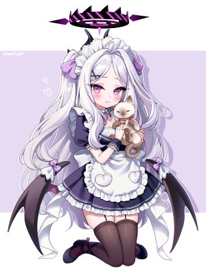 日奈,蔚蓝档案,moorina,围裙,黑丝,breasts,cleavage,连衣裙,全身,灰发,光晕,长发,视线正对,女仆,紫色眼,single,丝袜,翅膀,絶対領域