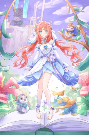 妮露,原神,茜詩ちとせ,露肩,脸红,breasts,cleavage,双团子头,连衣裙,包子頭,发饰,长发,视线正对,開口,缎带,天空,single,超长发