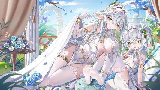 纳西妲,マハールッカデヴァータ,原神,jndfh,呆毛,露肩,脸红,手镯,三股辫,breasts,cleavage,连衣裙,長手袋,手套,绿色眼,绿发,发饰,长发,视线正对,露脐,開口,尖耳,坐姿,笑顔,丝袜,超长发