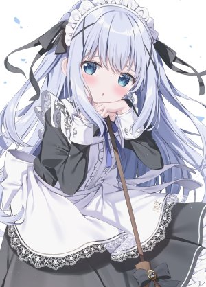 香風智乃,请问您今天要来点兔子吗?,pizzzica,围裙,碧眼,青发,脸红,连衣裙,发饰,长发,长袖,视线正对,女仆,開口,single,超长发,白背景