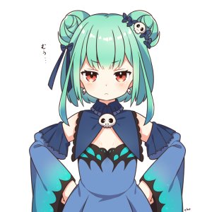 潤羽るしあ,Hololive,dokumi,双团子头,平胸,绿发,发饰,萝裙,视线正对,红色眼,缎带,短发,single,Vtuber,白背景