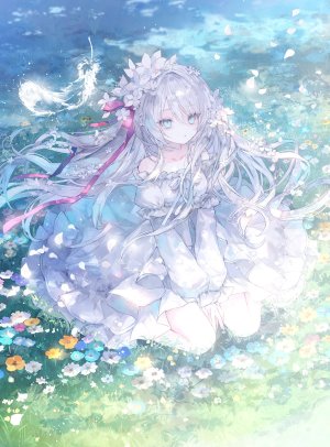 原创,おにねこ,露肩,碧眼,连衣裙,全身,灰发,长发,长袖,缎带,坐姿,single,超长发