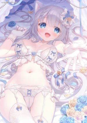 原创,ゆき恵,兽耳,铃,碧眼,脸红,bra,breasts,cameltoe,猫耳,猫娘,猫尾,手套,灰发,长发,视线正对,横臥,露脐,张嘴,胖次,缎带,single,丝袜,下着,超长发,白丝