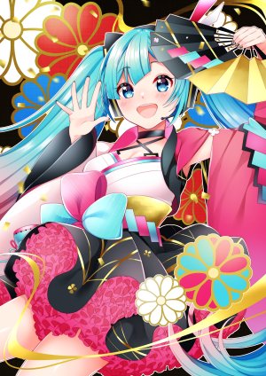 初音ミク,VOCALOID,masumofu,holding,和服,长发,视线正对,魔法未来演唱会,開いた口,短裙,笑顔,single,双马尾,浴衣