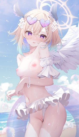 Vtuber,Nijisanji,nijisanji_en,エナー・アールウェット,deyui,single,长发,長身像,视线正对,前发,脸红,breasts,開口,金发,紫色眼,天空,nipples,猫咪,uncensored,海滩,topless,天使,少女,露脐,发饰,泳装