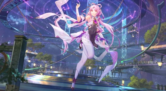 符玄,崩坏：星穹铁道,超凶の狄璐卡,露肩,脸红,全身,发饰,长发,裤袜,粉发,短裙,single