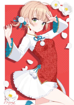 しぐれうい,时雨羽衣,独立虚拟YouTuber,呆毛,金发,脸红,breasts,汉服,连衣裙,绿色眼,发饰,长袖,视线正对,花瓣,缎带,single,Vtuber