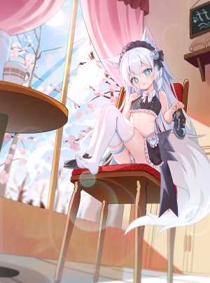 原创,ccczr,兽耳,碧眼,breasts,狐娘,全身,holding,长发,视线正对,女仆,迷你短裙,胖次,衬衫,坐姿,短裙,single,丝袜,下着,白发,白丝