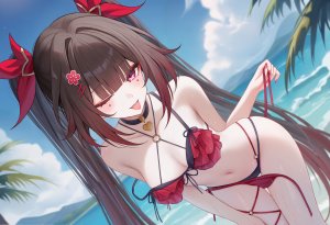 cc_lin,花火,崩坏：星穹铁道,海滩,水着,黑发,breasts,项圈,发饰,长发,露脐,挤眼,紫色眼,天空,single,泳装,双马尾,超长发