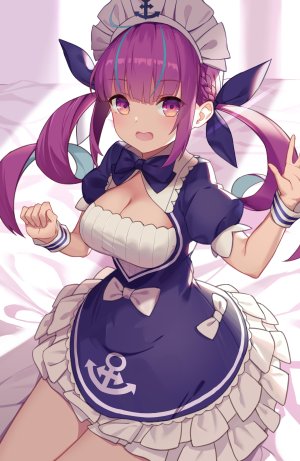 湊あくあ,Hololive,devil-dantake,青发,三股辫,胸部,cleavage,连衣裙,长发,開いた口,紫色眼,紫发,缎带,笑顔,single,双马尾,Vtuber