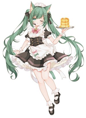 初音ミク,VOCALOID,saekiyasabou,兽耳,breasts,猫耳,猫娘,猫尾,连衣裙,全身,绿色眼,绿发,holding,长发,女仆,開口,single,双马尾,超长发