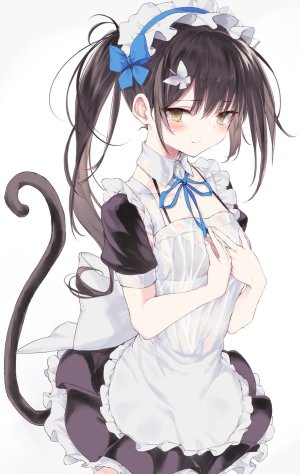 美游,魔法少女☆伊莉雅,Fate系列,nanananana,围裙,前发,黑发,脸红,胸部,棕色眼,猫尾,连衣裙,长发,视线正对,马尾辫,貧乳,single,白背景