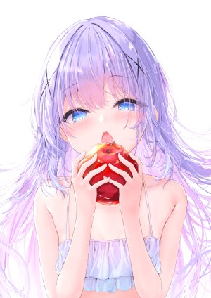 香風智乃,请问您今天要来点兔子吗?,ふぇありぃあい,apple,露肩,水着,碧眼,脸红,breasts,holding,长发,视线正对,開口,紫发,single,泳装,超长发,白背景