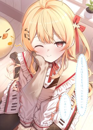 音乃瀬奏,Hololive,hololive_dev_is,shimo,呆毛,金发,连衣裙,发饰,长发,挤眼,缎带,衬衫,坐姿,丝袜,Vtuber