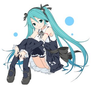 初音ミク,VOCALOID,soukun_s,露肩,黑丝,连衣裙,长发,视线正对,缎带,坐姿,笑顔,single,tattoo,双马尾,白背景