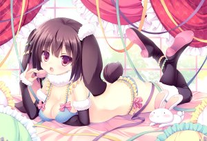 月嶋ゆうこ,兽耳,脸红,bra,胸部,兔耳,兔女郎,cleavage,長手袋,手套,缎带,短发,黑丝,下着,scan