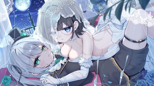 原创,緑風マルト,碧眼,breasts,连衣裙,長手袋,手套,绿色眼,灰发,万圣节,长发,视线正对,横臥,裤袜,短发,爆衣,百合