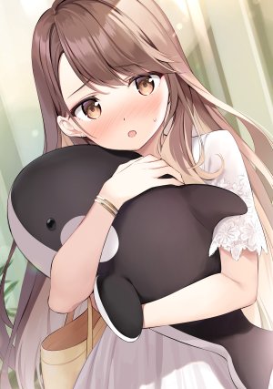 mamiya_yurika,ponkotsu_kawaii_mamiya-san,脸红,手镯,棕色眼,茶发,连衣裙,holding,长发,视线正对,開口,single,毛绒玩具