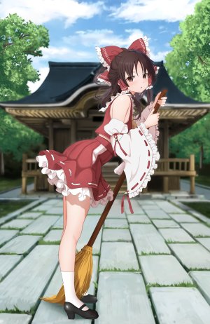 东方Project,博麗霊夢,前发,露肩,发饰,长袖,衬衫,短裙,白丝,脸红,breasts,棕色眼,茶发,holding,视线正对,神龛,天空,single