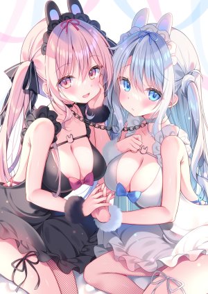 原创,わたがしゆい,兽耳,碧眼,脸红,breasts,项圈,cleavage,视线正对,開口,粉发,缎带,笑顔,白发