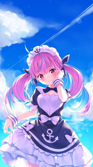 湊あくあ,Hololive,ちよねここ,呆毛,前发,青发,脸红,三股辫,连衣裙,长发,视线正对,粉发,紫色眼,缎带,笑顔,single,双马尾,Vtuber