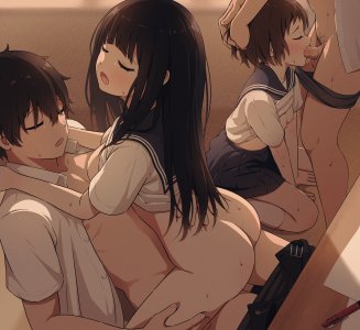 麻生,千反田える,伊原摩耶花,折木奉太郎,氷菓,bottomless,breasts,nipples,No-Bra,制服,uncensored