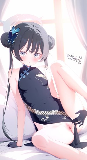 竜華キサキ,蔚蓝档案,小叶子Miv,露肩,黑发,脸红,breasts,censored,汉服,双团子头,连衣裙,手套,包子頭,发饰,光晕,长发,视线正对,nopan,猫咪,妹汁,single,张腿,双马尾